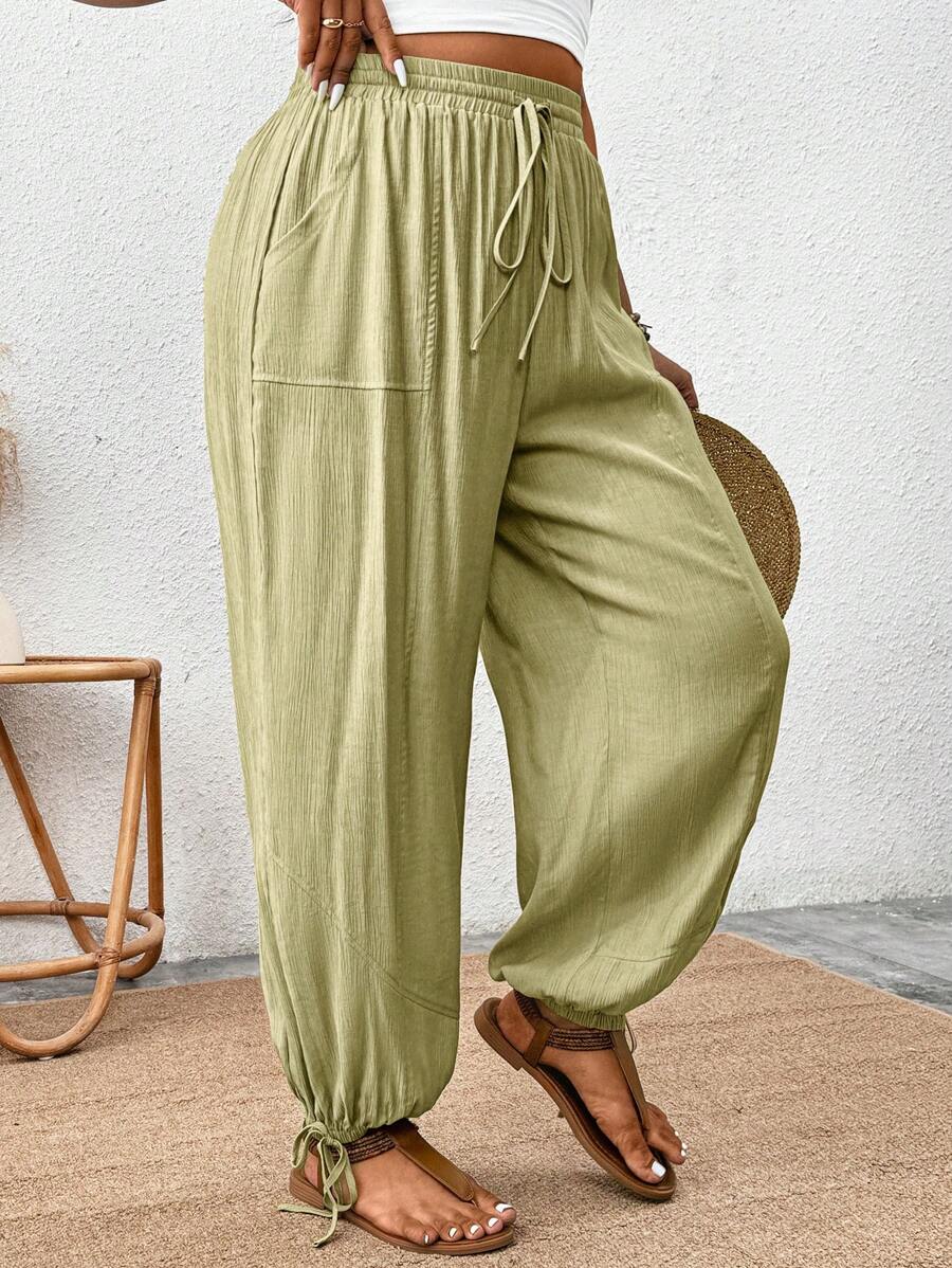 SHEIN Clasi Elegant Women's Pleated, Textured, Green Loose Belted Long Pants With Pockets, Suitable For Summer & Spring, Plus Size - Green - View 1