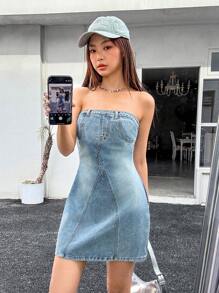 SHEIN EZwear 女士无袖牛仔迷你连衣裙，露肩，蓝色