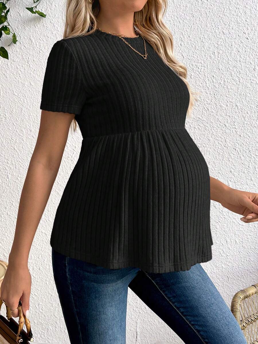 SHEIN Maglietta a coste per maternità, con scollo rotondo, maniche corte, orlo con volant, colore unito
