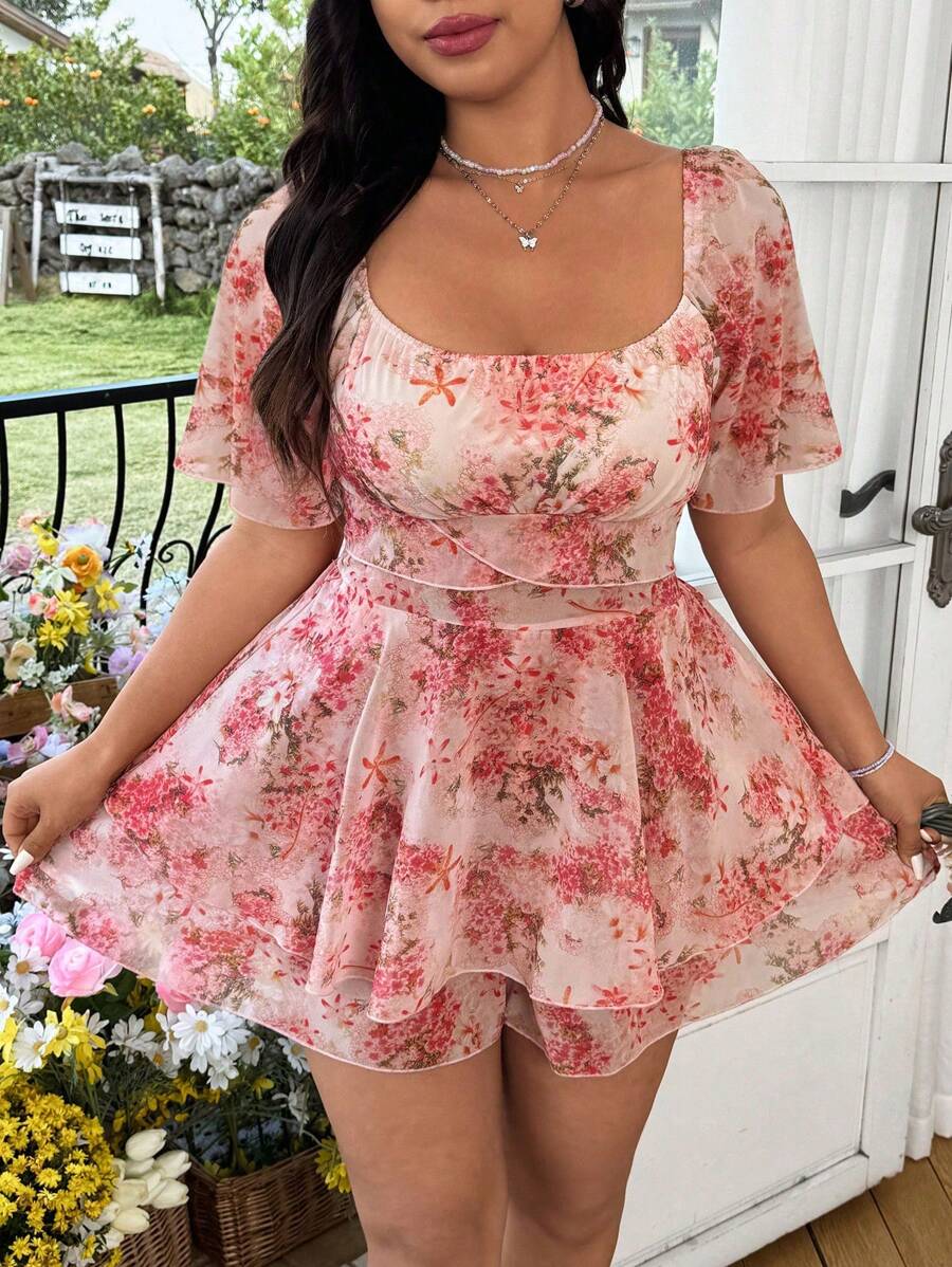 Flirla 大码波西米亚风花卉印花雪纺连体衣，优雅可爱浪漫度假海滩装，短袖，春夏 - 彩色 - 查看 1