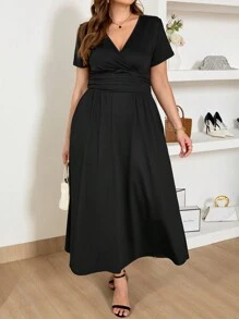 SHEIN Frenchy 大码女式束腰休闲时尚黑色口袋连衣裙 - 黑色 - 查看 4