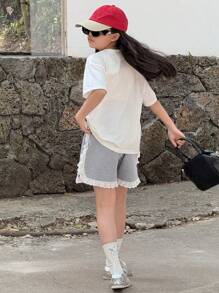 DAZY 2pcs/Set Tween Girls' Casual Letter Printed Short Sleeve Top And Shorts Set,Girls Summer Outfits,Back To School Clothes - White - View 6