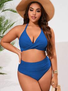 Swim Basics Ensemble de bikini 2 pièces pour femmes grandes tailles, couleur unie, style hauter. Maillot de bain minimaliste décontracté pour les vacances à la plage, pour l'été - bleu indigo - Voir 6