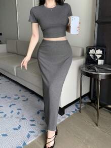 Joudiya Women's 2 Pieces Set: Solid Color Fitted Short Sleeve Top And Skirt Lounge Sets For Women - Grey - View 10