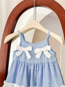 SHEIN Babygirl Summer Cute Color Block Bow Ruffle Hem Strap Sundress - Blue - View 5