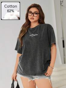 SHEIN EZwear Maglietta estiva casual con stampa di lettere, girocollo, manica corta, taglie comode - nero - Visualizzare 1