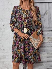 EMERY ROSE Women's Casual Cinched Waist Round Neck 3/4 Sleeve A-Line Mini Dress, Spring/Summer - Multicolor - View 5