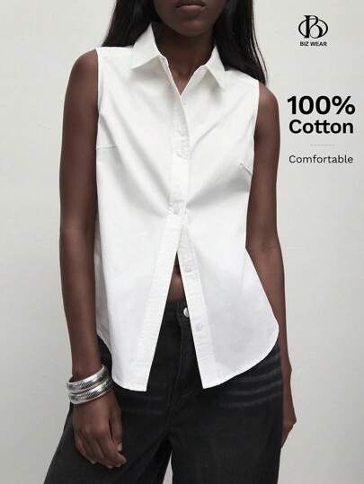 BizChic 女士秋季有领无袖纽扣衬衫，休闲长袖衬衫，适合优雅通勤、商务休闲正装