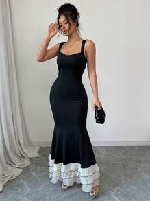 Elenzga 女士拼色鱼尾下摆优雅吊带连衣裙