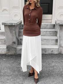 SHEIN Essnce Women Elegant Solid Color Long Sleeve Blouse With Color Block Ruched Skirt 2 Pieces Set - Multicolor - View 7