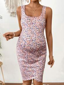 SHEIN 孕妇休闲碎花印花背心紧身连衣裙 - 粉色 - 查看 3