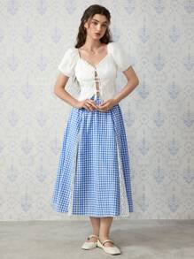 SHEIN MOD Sweetheart Neck Puff Sleeve Tie Front White Blouse,Vintage,Tropical , Elegant,Vacation ,Tea Party ,Coquette Blouse - White - View 6