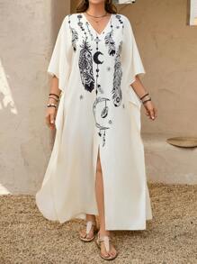 SHEIN LUNE Plus Size Moon & Feather Retro Printed Dress Cowgirl Summer Outfits For Women Graduation Spring Women Summer Clothes Graduation Easter Outfit Women Spring Summer Clothes Vacation Bohemia Easter Outfit Women - Apricot - View 2