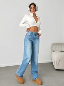 EURMUSE Low Waist Back Detailed Straight Jean - Medium Wash - View 4