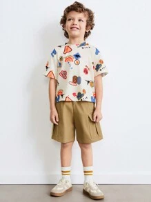 SHEIN Young Boys Pattern Print Round Neck Short Sleeve Tee And Loose Woven Shorts Set, Casual Daily Wear, Playful Style - Beige - View 3
