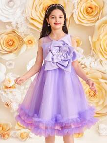 SHEIN Tween Girl Elegant Round Neck Mesh Patchwork 3D Floral Decor Party Dress - Purple - View 5