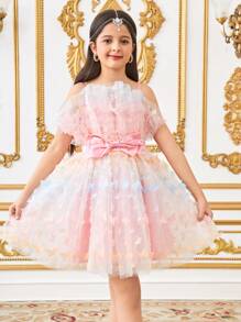 SHEIN Tween Girl 优雅蝴蝶花朵腰部修身喇叭裙 - 粉色 - 查看 6