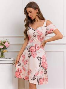 SHEIN VCAY Vestido camisero femenino de línea A con cuello en V, tirantes gruesos y calados, romántico y veraniega para vacaciones