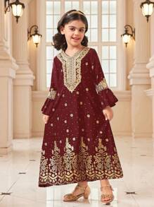 Young Girl' V-Neck Long Sleeve Minimalist Graphic Print Casual Dress - Burgundy - View 5