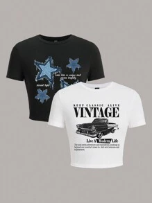 SHEIN EZwear 2pcs/Set Casual Retro Car & Star Graphic Crew Neck Short Sleeve Fitted Cropped Women T-Shirt, Summer