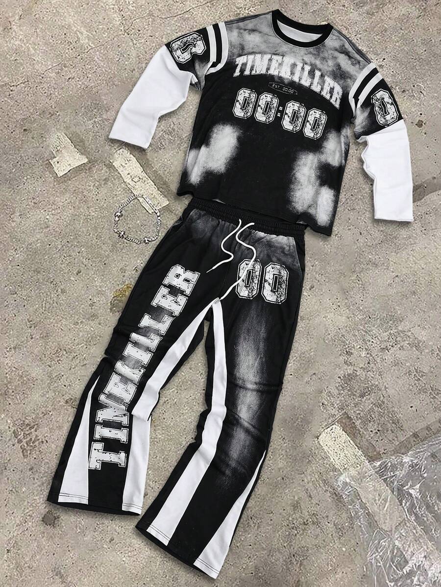 Manfinity Homme Men's Racing Letter Print Round Neck Long Sleeve Casual T-Shirt And Pants 2 Pieces Set - Black and White - View 1