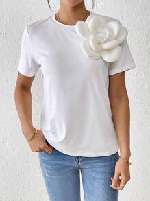 Chiquease Women's Solid Color Crew Neck 3D Flower Short Sleeve T-Shirt, Versatile For Spring & Summer - White - View 3