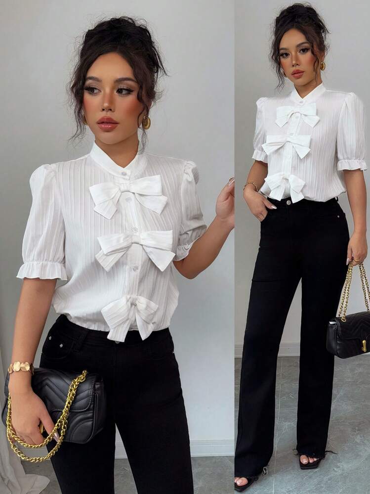 Selianne Fashion Versatile Stand Collar Bow Decor Bubble Sleeve Textured Fabric Women Shirt - White - View 3