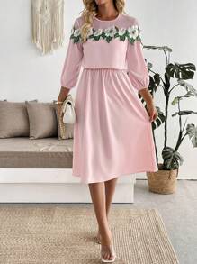 SHEIN Clasi Abito elegante da donna in chiffon con patchwork, ricamo floreale, collo rotondo, maniche a 3/4 e maniche a lanterna - Rosa - Visualizzare 5