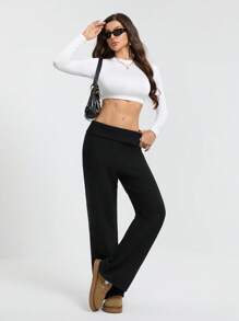SHEIN Tall Women's Black Knitted Pants With Cuffed Waist And Flared Legs