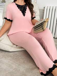 2pcs Set Women Plus Size Simple Casual Design Lace Patchwork Soft And Skin-Friendly Milk Silk Pajamas With Short Sleeve Top And Long Pants In Pink Color