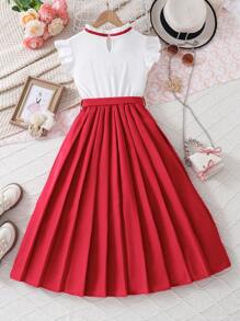 Tween Girl Elegant Waist Cinch A-Line Full Pleated Dress, Pink & White Color Block, Suitable For Party,Holiday Summer Travel - Red - View 2
