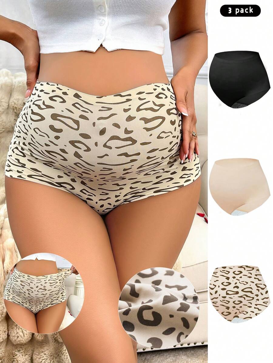 BloomMama 3pcs Pregnant Women High Waist Seamless Leopard Print Underwear Maternity