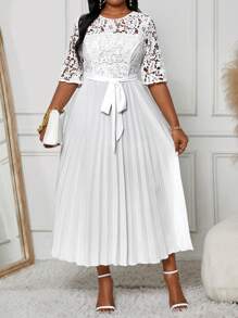 Fleurora Vestido informal de talla grande para vacaciones con unicolor, empalmado con encaje, cintura imperio, bajo plisado para verano, ropa y vestidos de mujer para otoño - Blanco - Ver 4