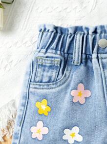 Shorts vaqueros informales de corte casual con cintura elástica y estampado floral en azul claro para bebé niña - Azul lavado medio - Ver 4