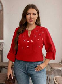 EMERY ROSE 大码复古印花小花刺绣工艺立领可调节袖口宽松衬衫秋季女式假日 - 紅色 - 查看 5