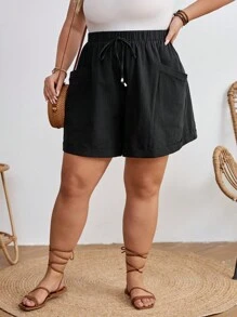 SHEIN CURVE+ Plus Size Solid Color Casual Shorts With Pocket Design, Spring And Summer Boho Vacation - Black - View 5