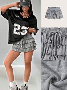 Comfortcana 女士春夏Y2K时尚90年代学院风复古约会之夜音乐节演唱会针织弹力抽绳褶皱荷叶边灰色荷叶边迷你裙