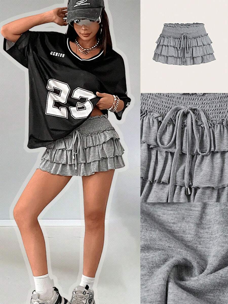 Comfortcana 女士春夏Y2K时尚90年代学院风复古约会之夜音乐节演唱会针织弹力抽绳褶皱荷叶边灰色荷叶边迷你裙