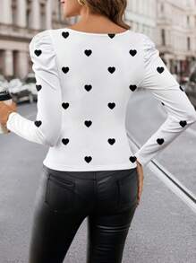 SHEIN Clasi 豹纹方领泡泡袖休闲简约爱心图案长袖上衣，适合春秋季 - 白色 - 查看 2