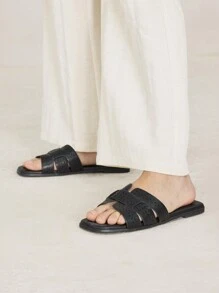 MOTF PREMIUM WOMEN'S COMFORTABLE SIMPLE WOVEN SQUARE TOE FLAT SANDALS, SPRING SHOES SPRING BREAK EASTER - Black - View 5