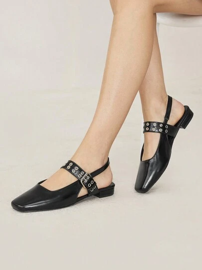 MOTF PREMIUM WOMEN'S FASHION RETRO COMMUTER VERSATILE COMFORTABLE CASUAL BLACK OILY LEATHER-TEXTURED VAMP STRAP HEEL STRAP EYELET DETAIL SQUARE TOE FLAT SHOES