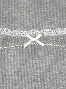 SHEIN Teen Girls Soft Gray Sweet Vintage Style Cute Lace Ruffle Bow Short Sleeve Ribbed Stretchy T-Shirt, For Lounging & Casual Wear, Spring/Summer