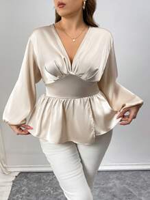 Flirla Camisa de manga larga con escote en V de satén, cintura fruncida, unicolor, elegante, talla grande, para primavera/otoño - Crema - Ver 1