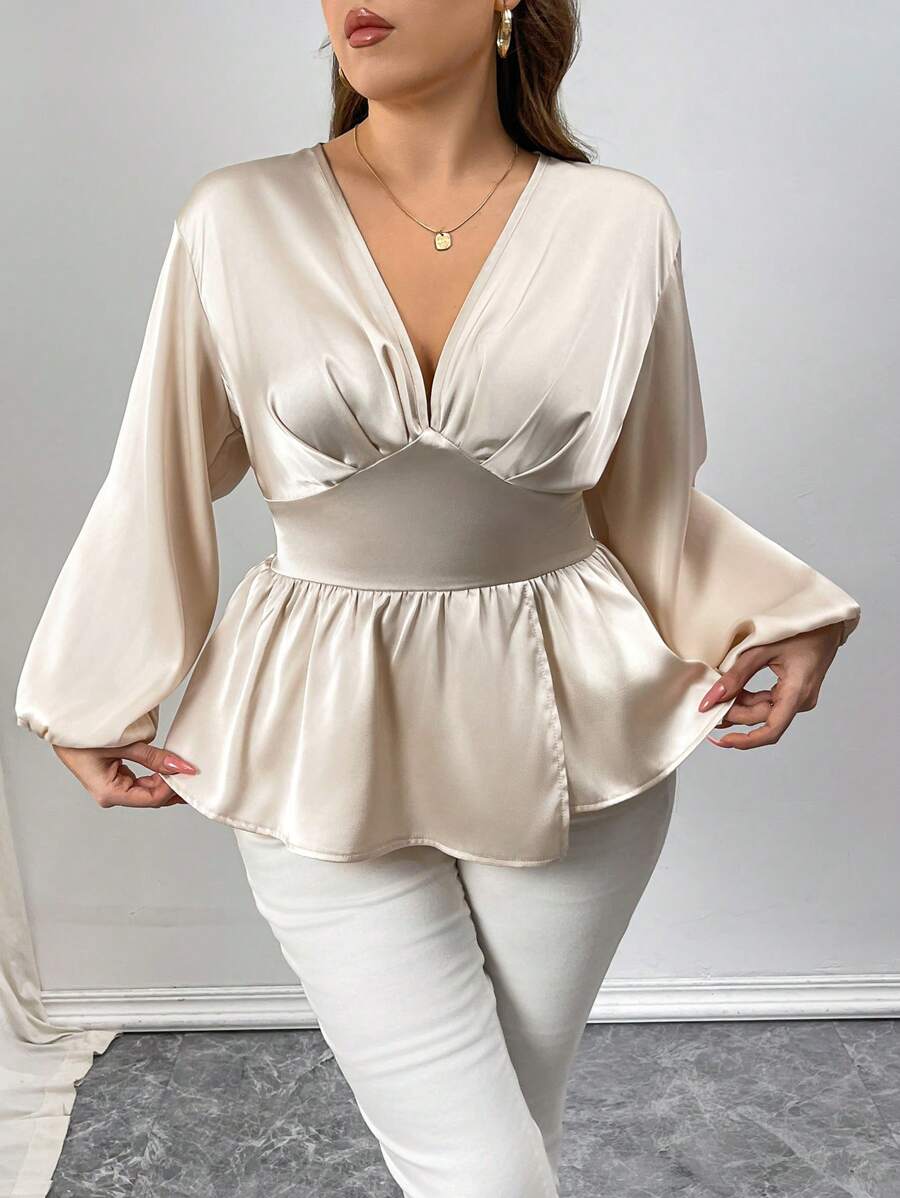 Flirla Camisa de manga larga con escote en V de satén, cintura fruncida, unicolor, elegante, talla grande, para primavera/otoño - Crema - Ver 1
