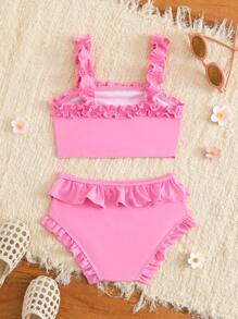 SHEIN 2pcs/Set Young Girl Cute Pink Swimwear, Bowknot 3D Flower Strap Ruffled Shorts - Pink - View 2