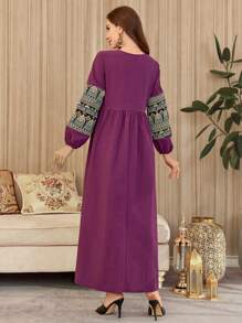 Al Najma Women's Elegant Arabic Style Mixed Geometric Print Lantern Sleeve Dress,Modest - Red Violet - View 2