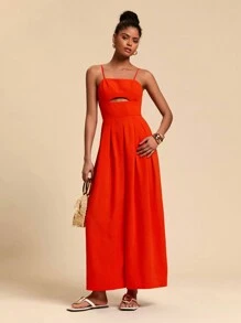 Travachic 女士宽松露背橙色吊带阔腿连体裤 - 橘色 - 查看 4
