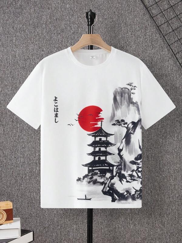SHEIN 1 Pc Teen Boys T-Shirts Fit Crew Neck Short Sleeve Graphic Tee Landscape Casual Japanese Fashion PolyesterSpring Wear; Teen Boys' Clothing; Spring Back To School