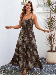 Flirla Plus Size Women Sexy Chiffon Leopard Print Spaghetti Strap Vacation Dress - Multicolor - View 4