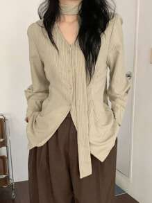 DAZY Damen Aprikot gestreiftes figurbetontes Bluse mit Bindegürtel, Langarm, College-Streifen, Frühling/Herbst Damenbekleidung